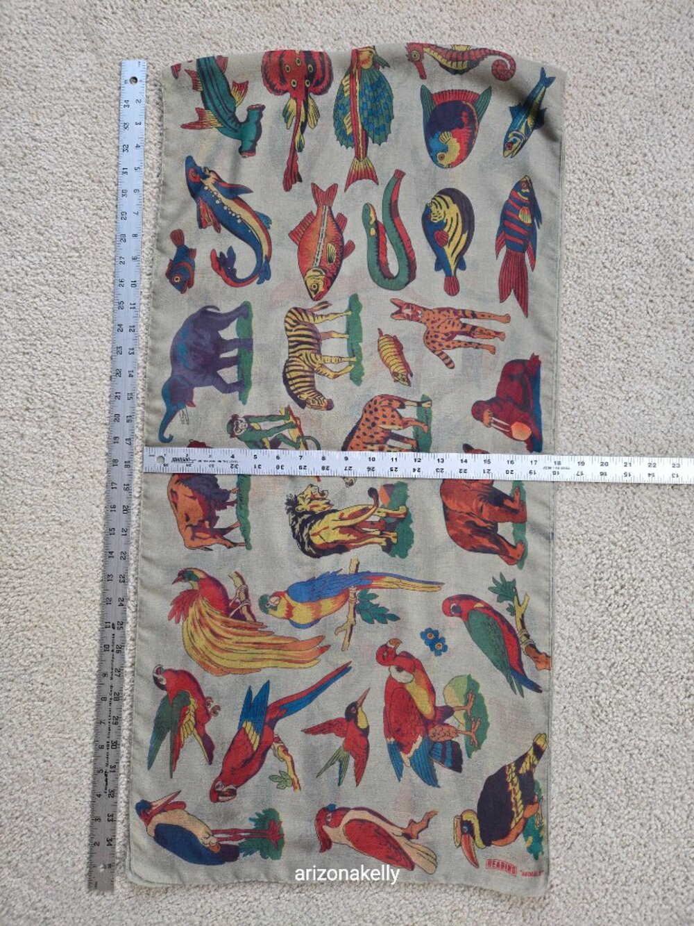 Vintage Animal Print Oblong Scarf Birds Fish Mammals Reptiles 1940's Design - Picture 8 of 11